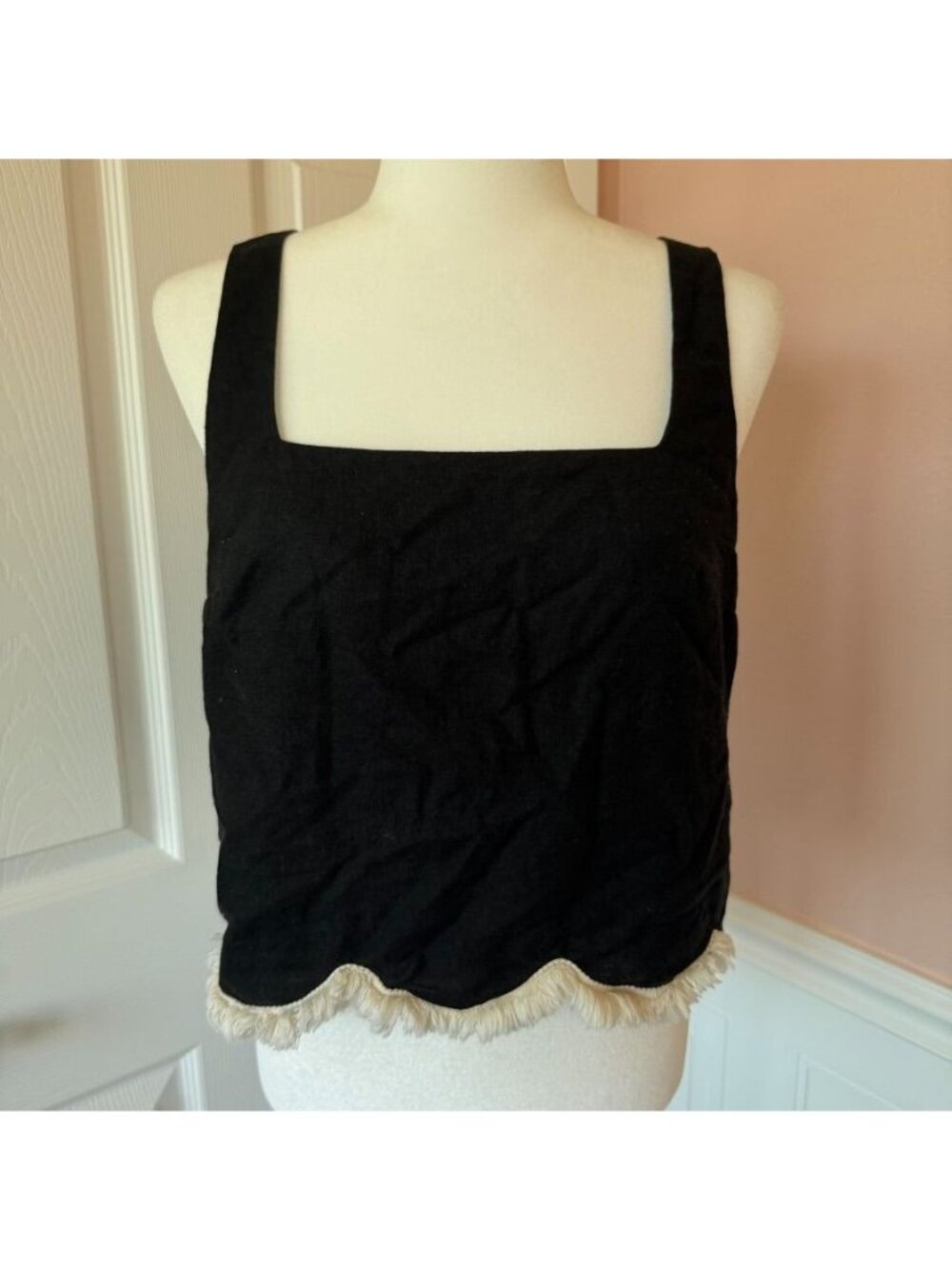 Linen Blend Fringe Trim Scallop Square Neck Tank Size Small